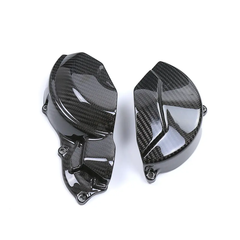 Angled View of Aprilia RS 660 Carbon Fiber Left and Right Engine Clutch Covers Angled View of Aprilia RS 660 Carbon Fiber Left and Right Engine Clutch Covers