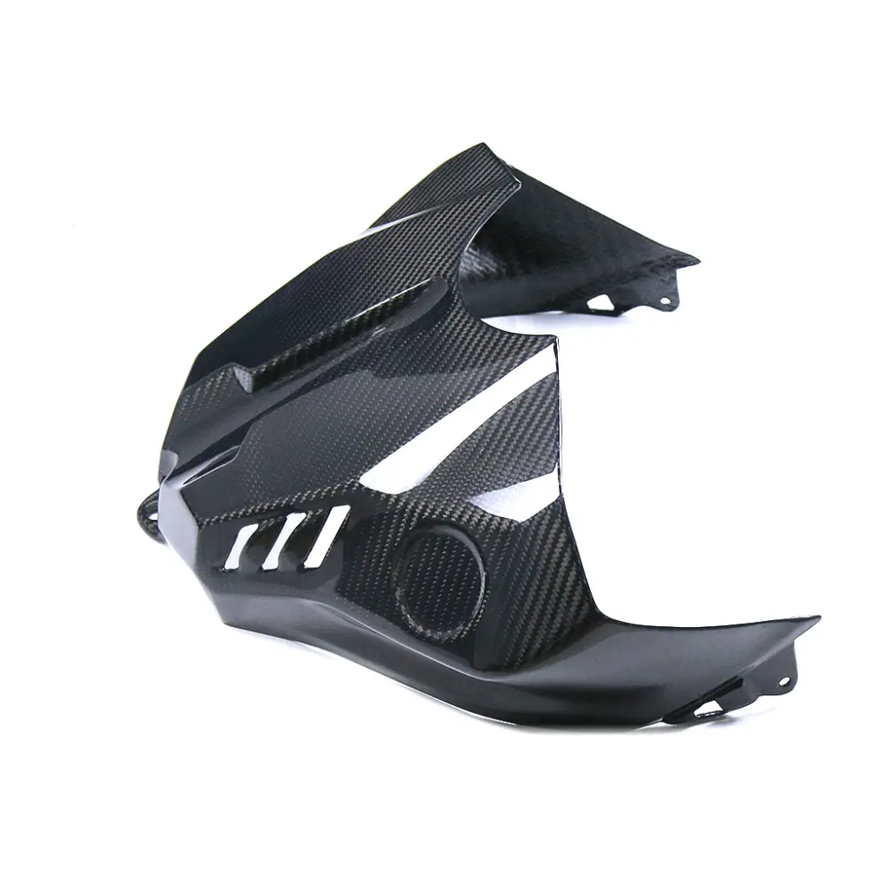Angled View of Yamaha YZF-R1/R1M Carbon Fiber Airbox Fuel Tank Cover Angled View of Yamaha YZF-R1/R1M Carbon Fiber Airbox Fuel Tank Cover