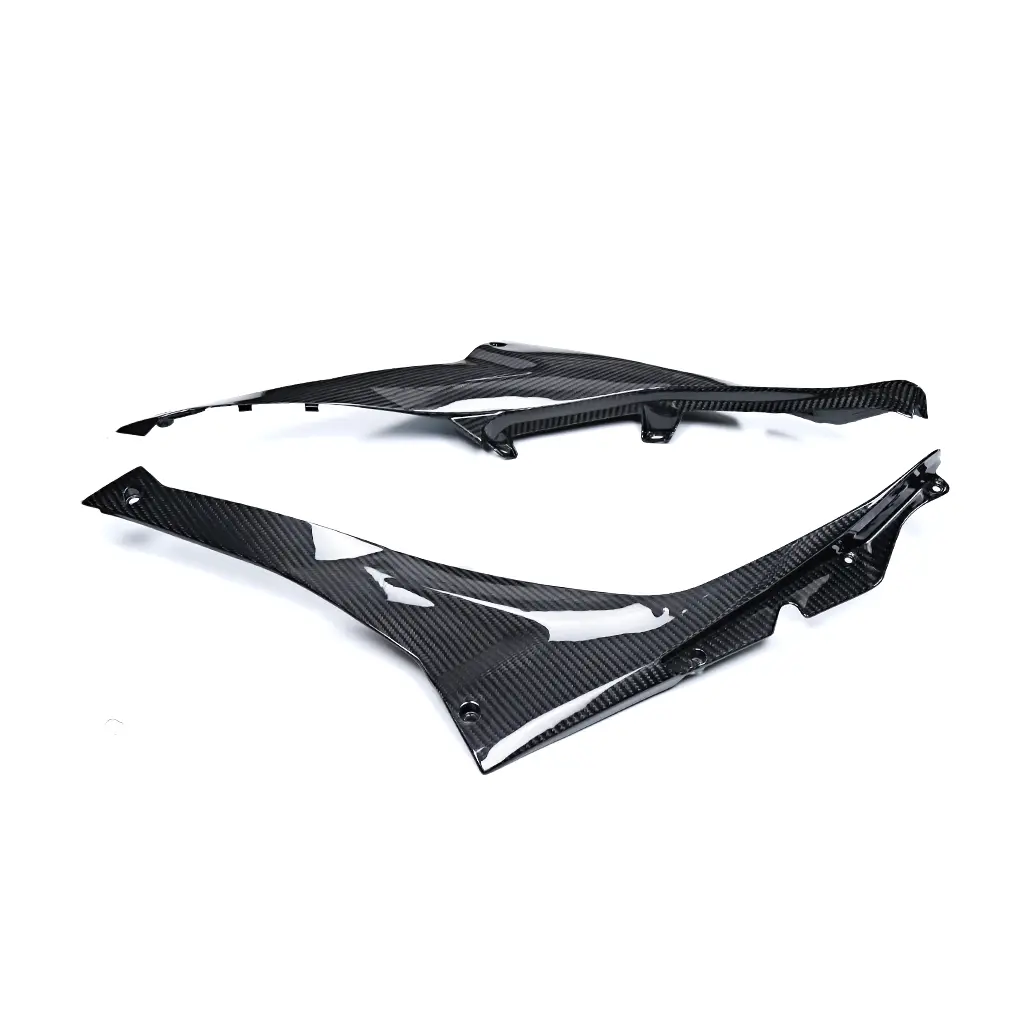 Angled View of Aprilia RS 457 Carbon Fiber Underseat Side Panels Angled View of Aprilia RS 457 Carbon Fiber Underseat Side Panels